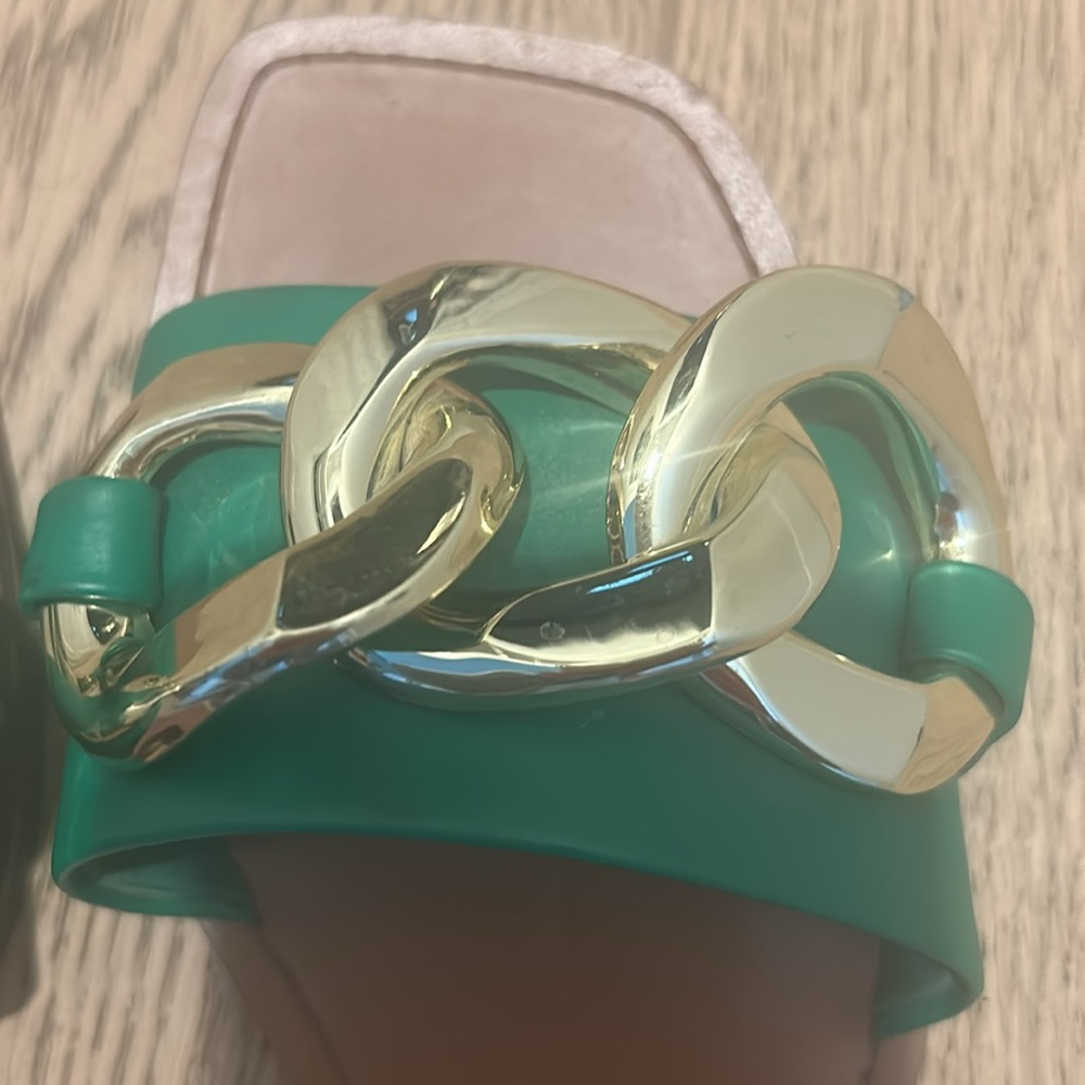 Zara Green Slide Sandals with Gold Chain Accent - Picture 4 of 5
